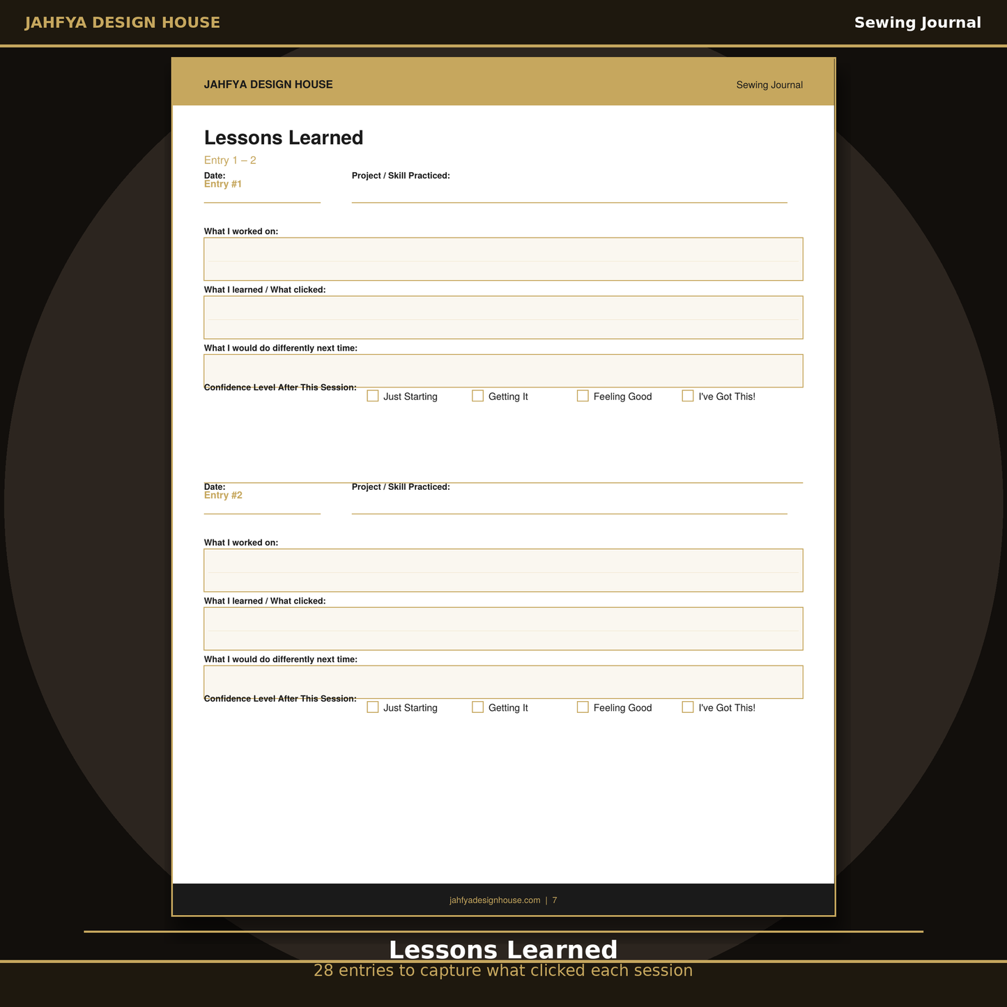 Printable sewing journal lessons learned entry page with confidence level tracker
