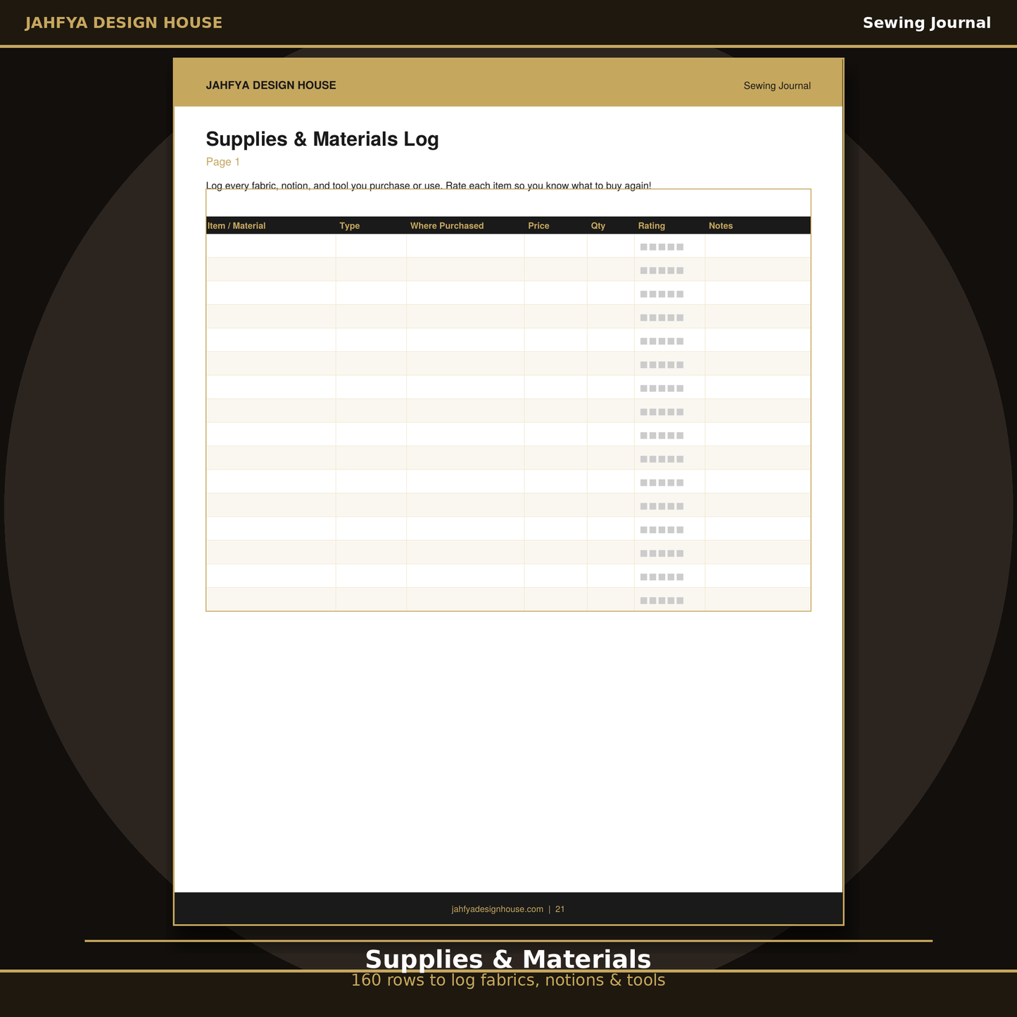 Sewing supplies and materials log PDF with 160 rows for tracking fabric and notions
