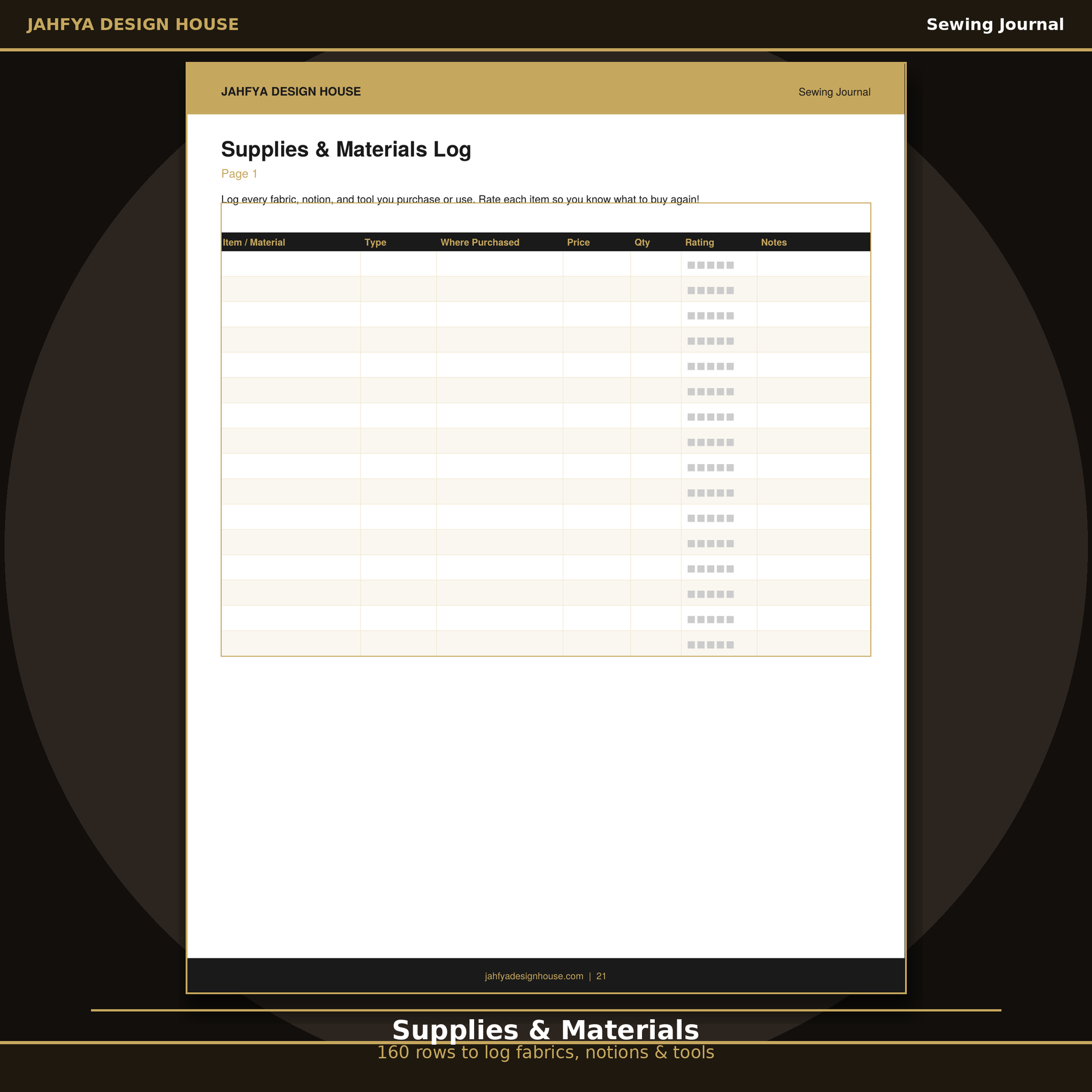 Sewing supplies and materials log PDF with 160 rows for tracking fabric and notions